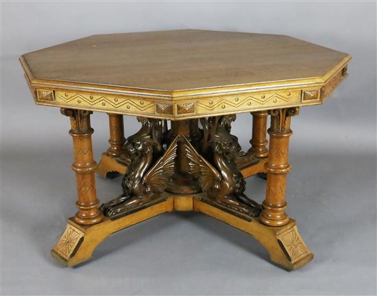 A Victorian Gothic revival golden oak centre table, Diam.4ft 2in. H.2ft 6in.